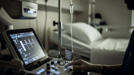 Close up of medical equipment in a modern hospital room. Doctor's hands are working on an ultrasound machine.の素材