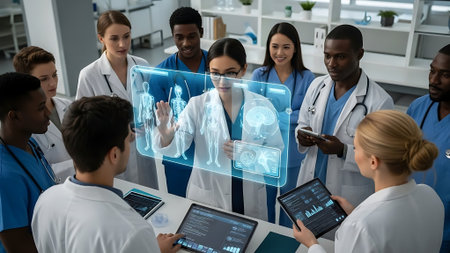 multiethnic doctors looking at x-ray of patient in clinicの素材