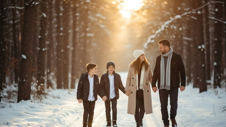 Happy family walking in winter forest. Father, mother and children.の素材