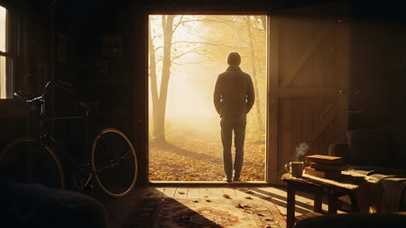 Man standing in front of the door in the morning misty forestの素材
