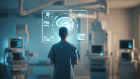 Young male doctor looking at x-ray hologram screen 3D renderingの素材