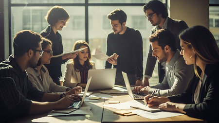 Group of young business people working and communicating together in modern office.の素材