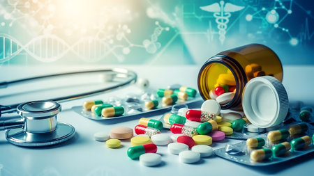 Pills and stethoscope on the table. Medical background.の素材