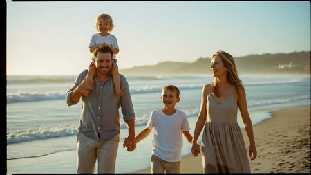 Happy family holding hands and walking on beach at sunset in the eveningの素材