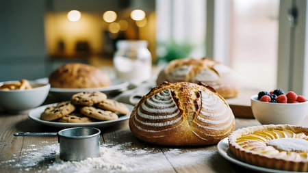 Freshly baked pastries on a wooden table. Selective focus.の素材