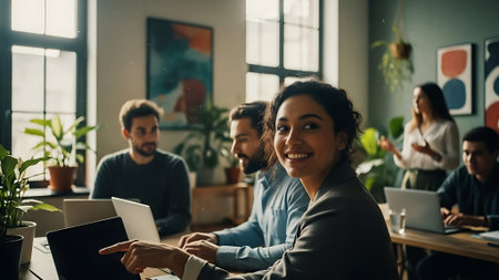Portrait of smiling young businesswoman using digital tablet while sitting in officeの素材