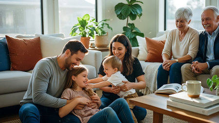 Portrait of happy family sitting on sofa in living room at homeの素材