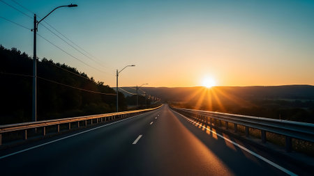 Asphalt road in the mountains at sunrise. Beautiful nature landscape.の素材