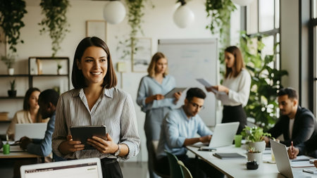 Portrait of smiling businesswoman holding digital tablet while standing in officeの素材