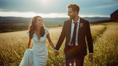 Wedding couple holding hands and walking in the field at sunsetの素材