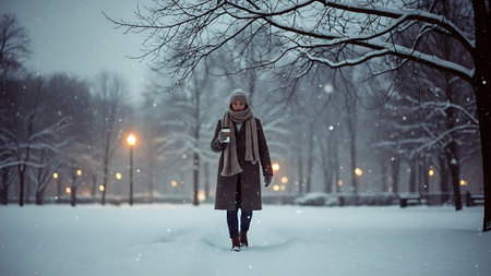 Beautiful young woman walking in the winter park. Snowfall.の素材