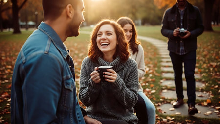 Group of friends having a coffee break in the park. Smiling young woman holding a cup of coffee.の素材