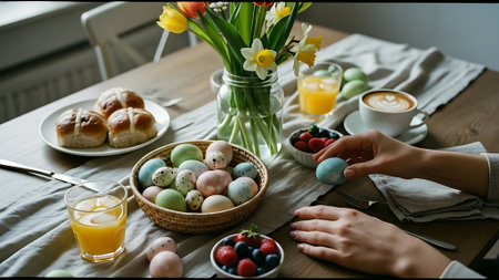 Easter table decoration with colorful eggs, tulips and croissantsの素材