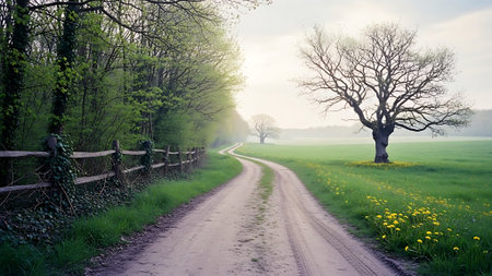 Rural road in the springtime with dandelions and treesの素材