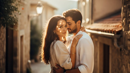 Beautiful young couple in love is hugging and kissing on the street.の素材