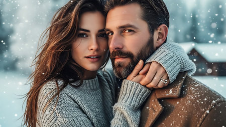 Beautiful young couple in winter clothes embracing and looking at camera while standing outdoorsの素材