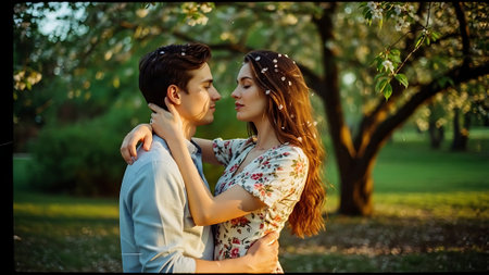 Beautiful young couple in love hugging in the park in spring.の素材
