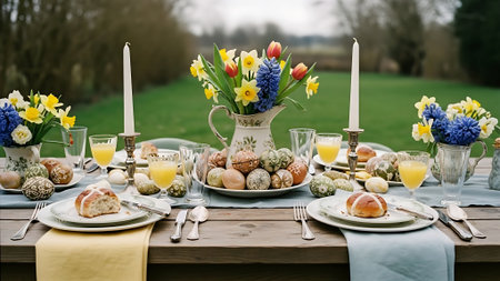 Easter table setting with eggs, tulips and croissantsの素材