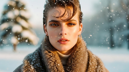 Winter portrait of young beautiful woman in fur coat. Snowfall.の素材