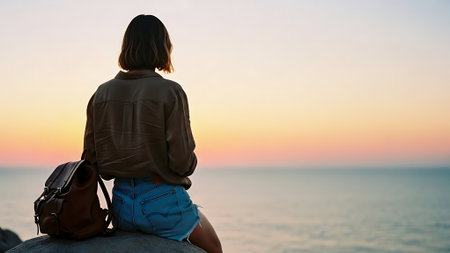 Back view of young woman with backpack sitting on rock and looking at sea at sunsetの素材