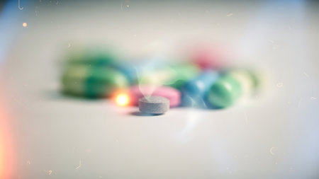colorful pills on a white background with bokeh effect.の素材