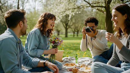 happy friends taking picture of picnic in park with camera and flowers on grassの素材