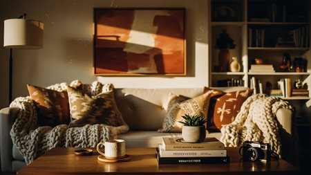 Cozy living room interior with coffee cup, book and vintage camera.の素材