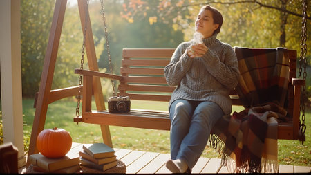 Young woman sitting on a swing in the autumn park with a cup of coffeeの素材