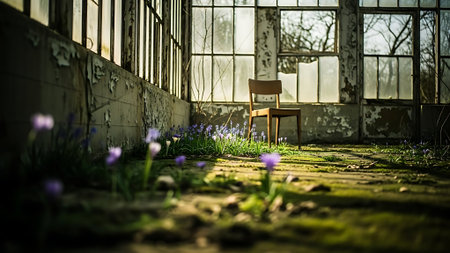 Abandoned industrial interior with wooden chair and purple flowers in foregroundの素材