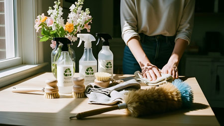 cropped shot of woman cleaning table with brush and cleaning products at homeの素材