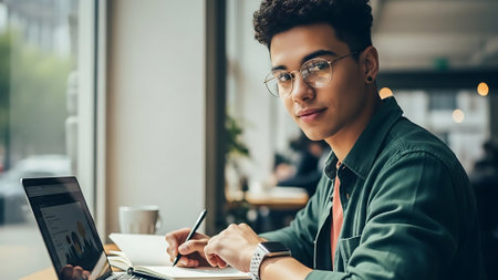 young african american man in eyeglasses writing in notebook and using laptop in cafeの素材