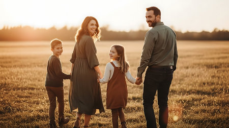 Happy family walking in the field at sunset. Mother, father and children.の素材