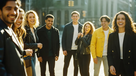Group of happy young people walking on the street in the city.の素材