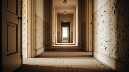 A long corridor in an old school building. 3d rendering.の素材