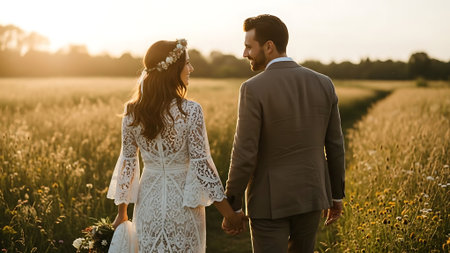 Wedding couple holding hands and walking in field at sunset.の素材