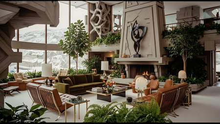 3d rendering of a modern living room with fireplace and plants.の素材