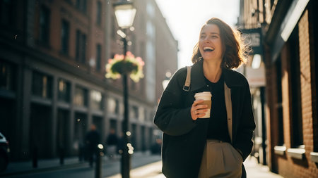 Beautiful young woman walking in the city and drinking coffee in a paper cupの素材