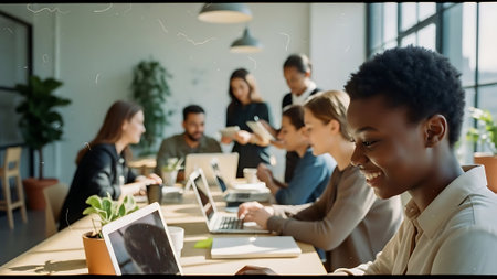 selective focus of african american businesswoman using digital tablet while colleagues working in officeの素材