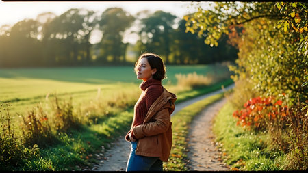 Beautiful young woman walking in the park at sunset. Autumn season.の素材