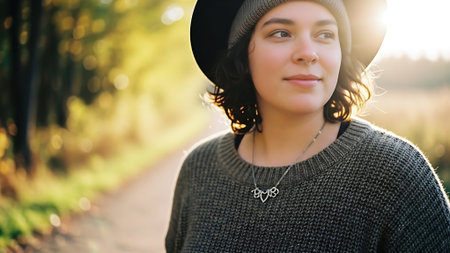 Portrait of a beautiful young woman in a hat at sunset.の素材