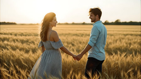 Happy couple holding hands in wheat field at sunset. Love and romance conceptの素材