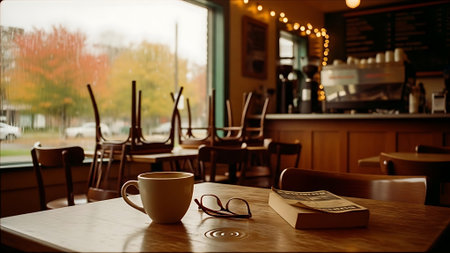 Coffee cup on a table in a cafe with book and glassesの素材