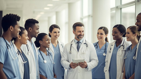 group of medics with tablet pc computer at hospital or medical clinicの素材
