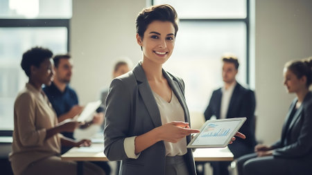 Beautiful young businesswoman using digital tablet and smiling while standing in officeの素材