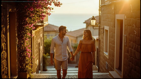 Couple in love walking in the old town at sunset. Man and woman holding hands.の素材