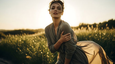 Beautiful young woman in a wheat field at sunset. Toning.の素材