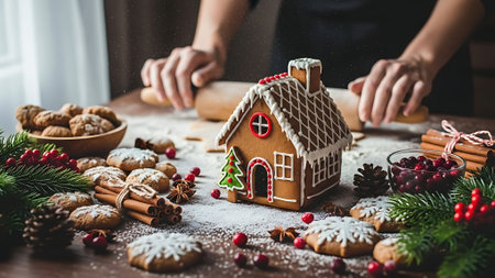 cooking gingerbread house on a wooden table, christmas conceptの素材