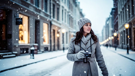Young woman with vintage camera in the city street at winter time.の素材
