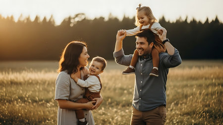 Happy young family with two little daughters in a field at sunset.の素材