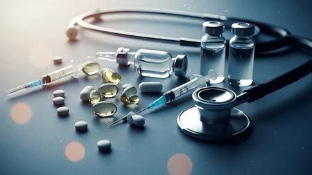 Stethoscope, pills and syringe on a dark background.の素材